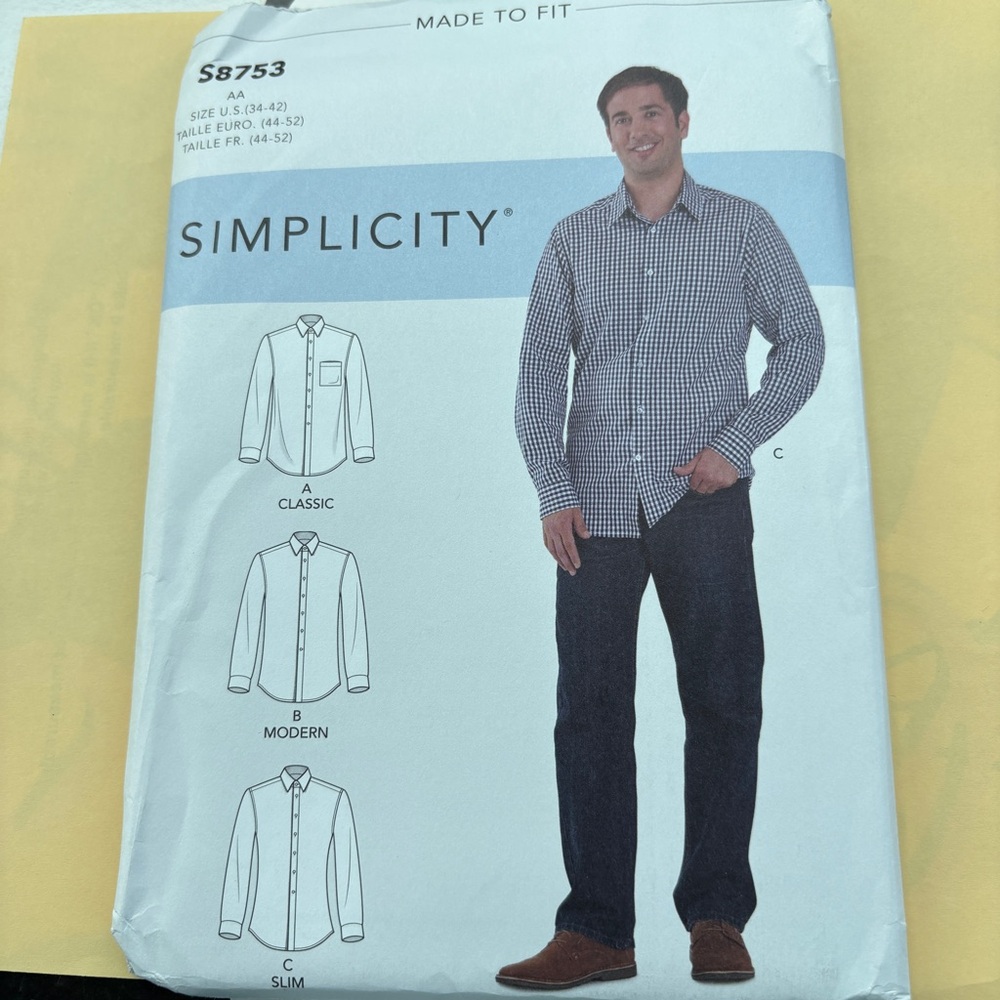 Simplicity Pattern S8753 for Men’s Classic, Modern, and Slim Fit Shirts